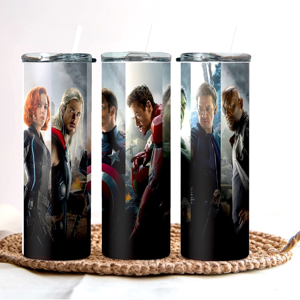 Super hero inspired 20 oz. stainless steel tumbler with lid and straw